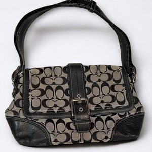 Coach Signature Hampton Blk/White Jaquard Pattern Black Leather Trim Flap Hobo